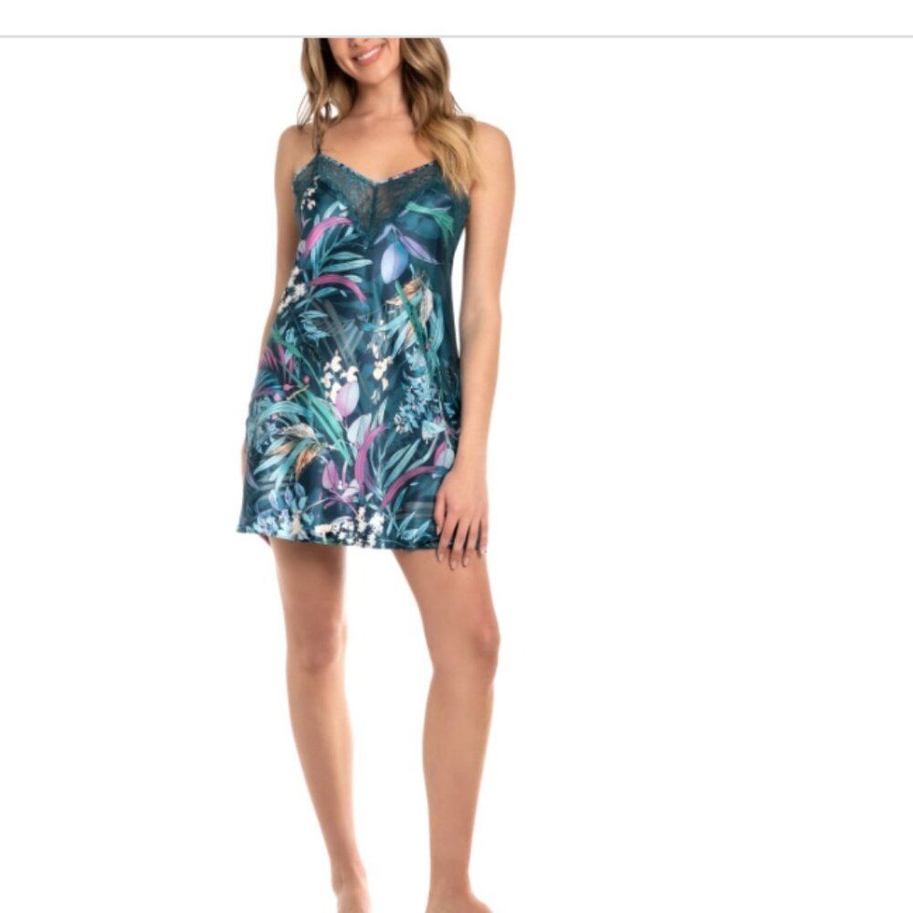 Linea Donatella Women Printed Satin Lace-Trim Chemise - Turquoise Size S 8988